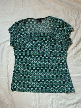 JKLA Teal Geo Print Short Sleeve Square Neck Tee